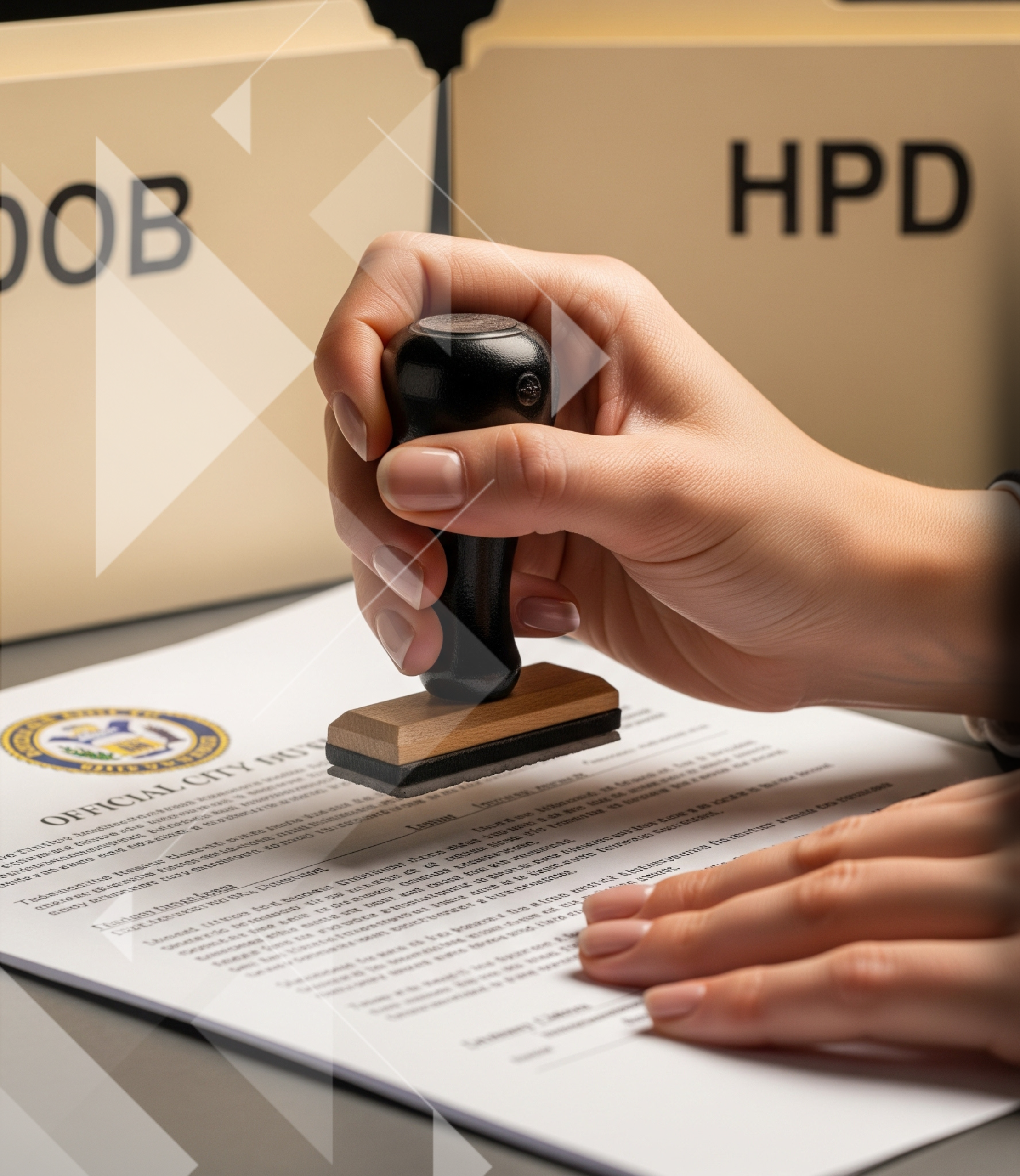  professional stamping an official municipal filing document, representing proactive violation dismissal services in NYC
