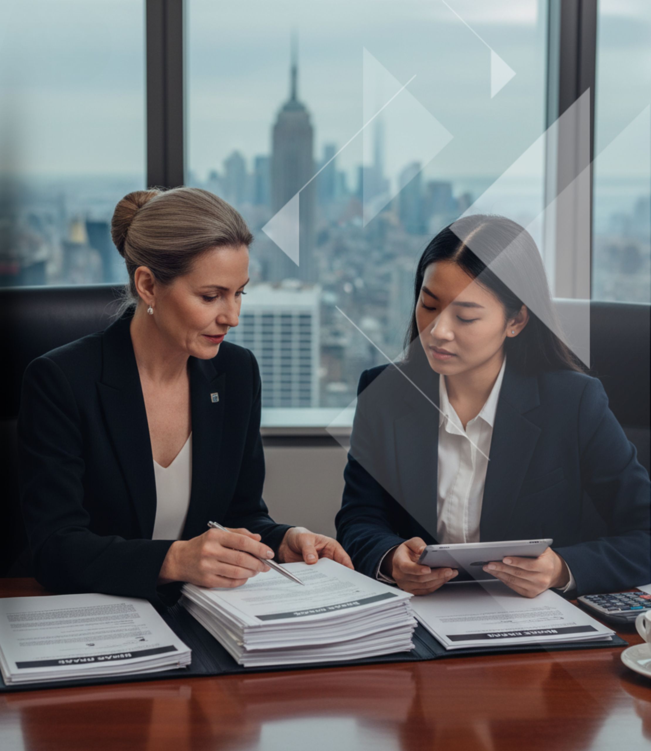 Two women in business suits are seated at a desk in a high-rise office with a blurred city skyline, including the Empire State Building, visible outside. One woman points to a document in a stack of papers, while the other looks at a tablet.