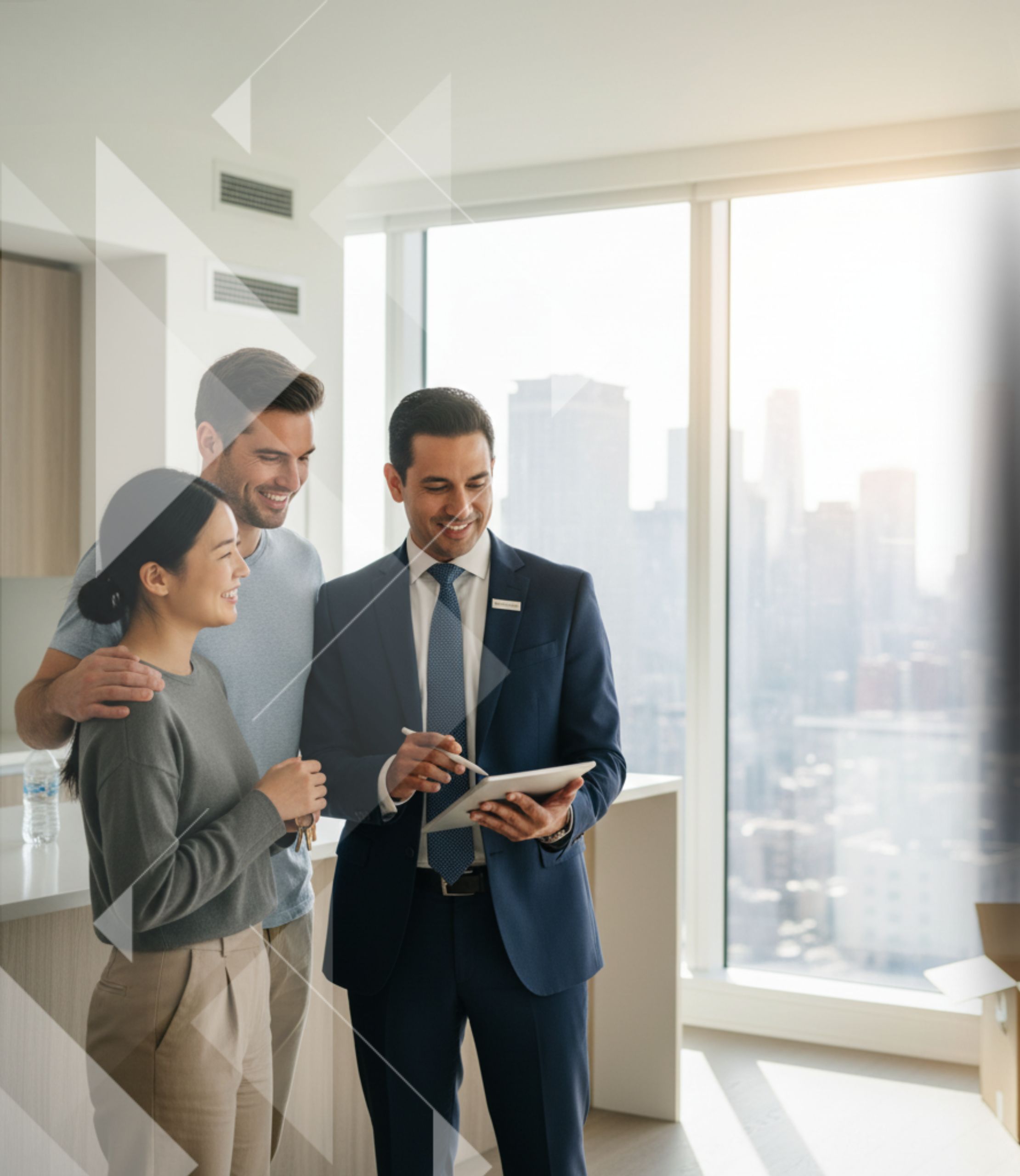 A male real estate agent in a suit shows a digital tablet to a smiling young couple in a modern, sunlit apartment with large windows overlooking a city skyline. The couple looks happy, and moving boxes are in the background, suggesting a recent move. 