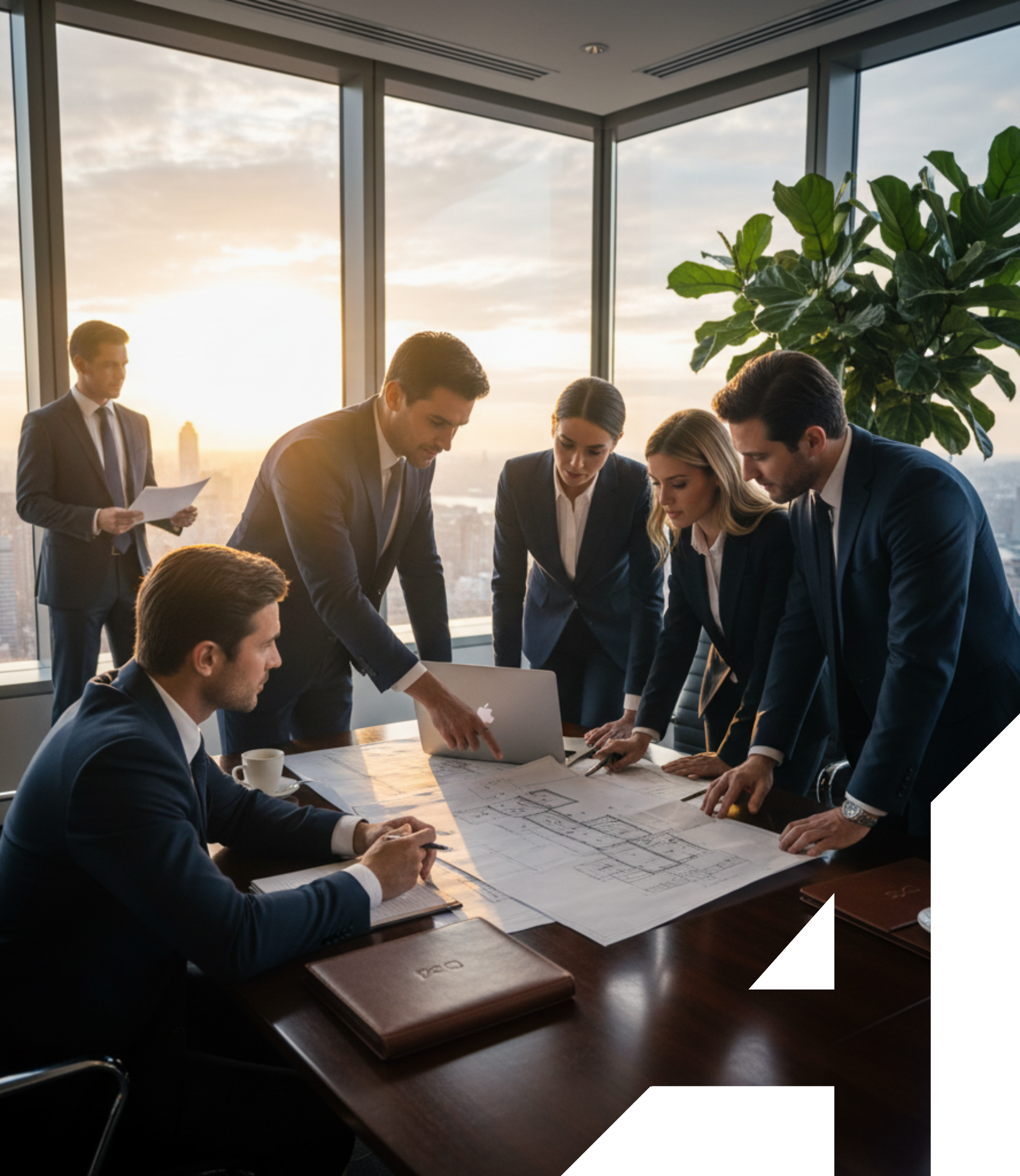 professionals in business attire sit around a large polished wooden table in a high-rise office overlooking the New York City skyline. They are reviewing blueprints and documents on a laptop