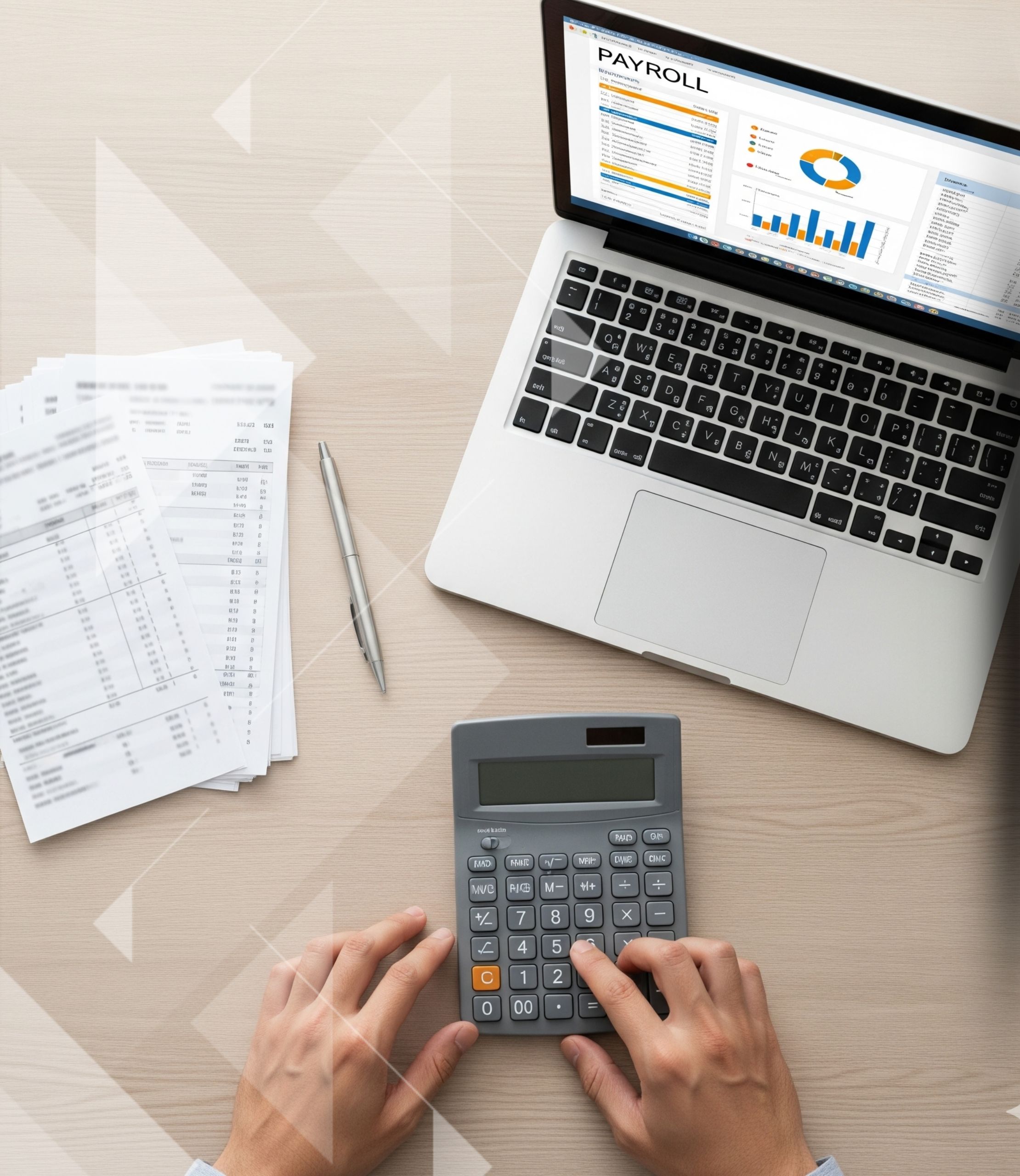 A top-down close-up of a desk showing hands using a calculator next to a laptop with payroll software, conveying financial precision and organization.