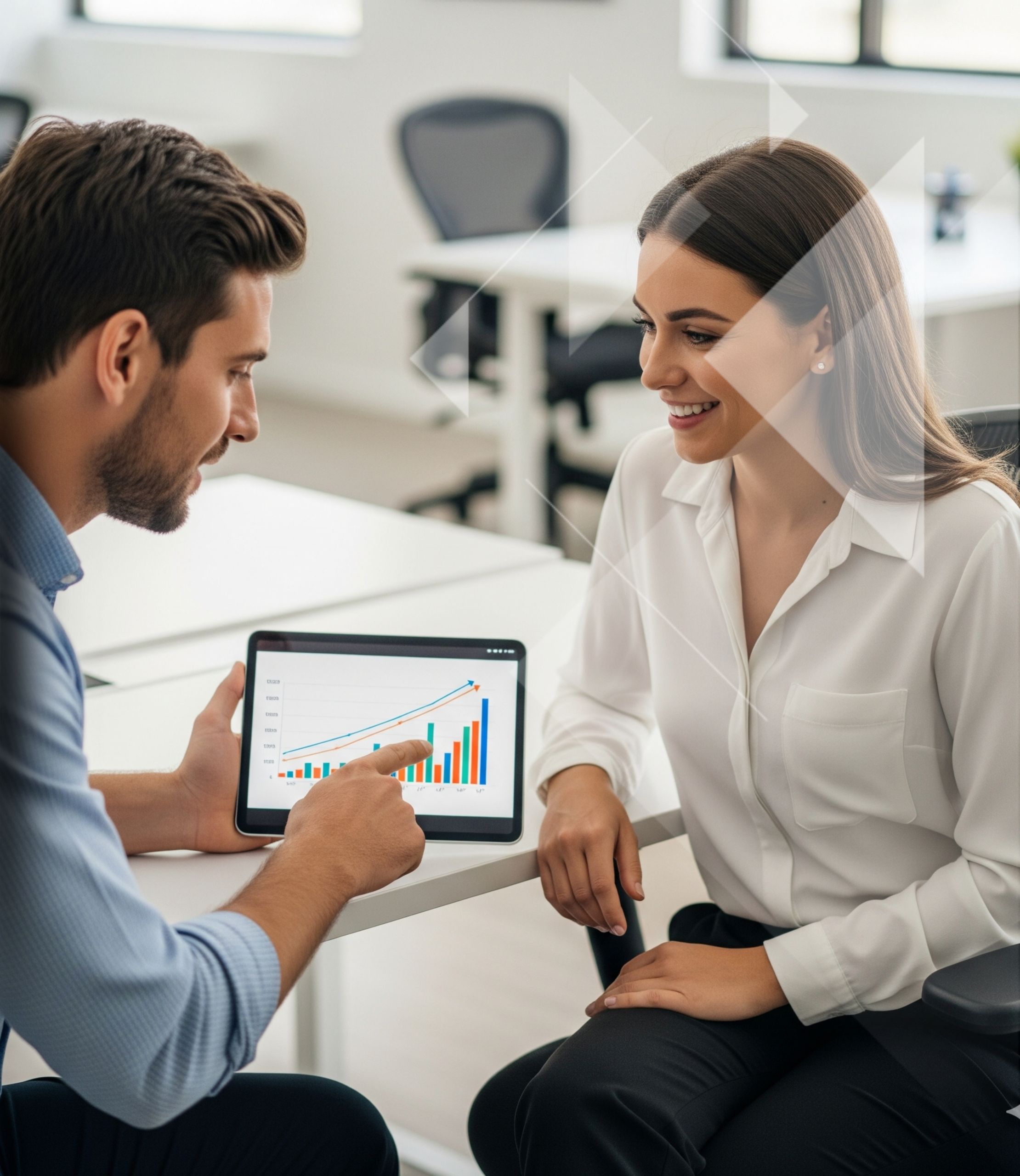 A male manager discusses a positive growth chart on a tablet with a smiling female staff member during a constructive performance review.