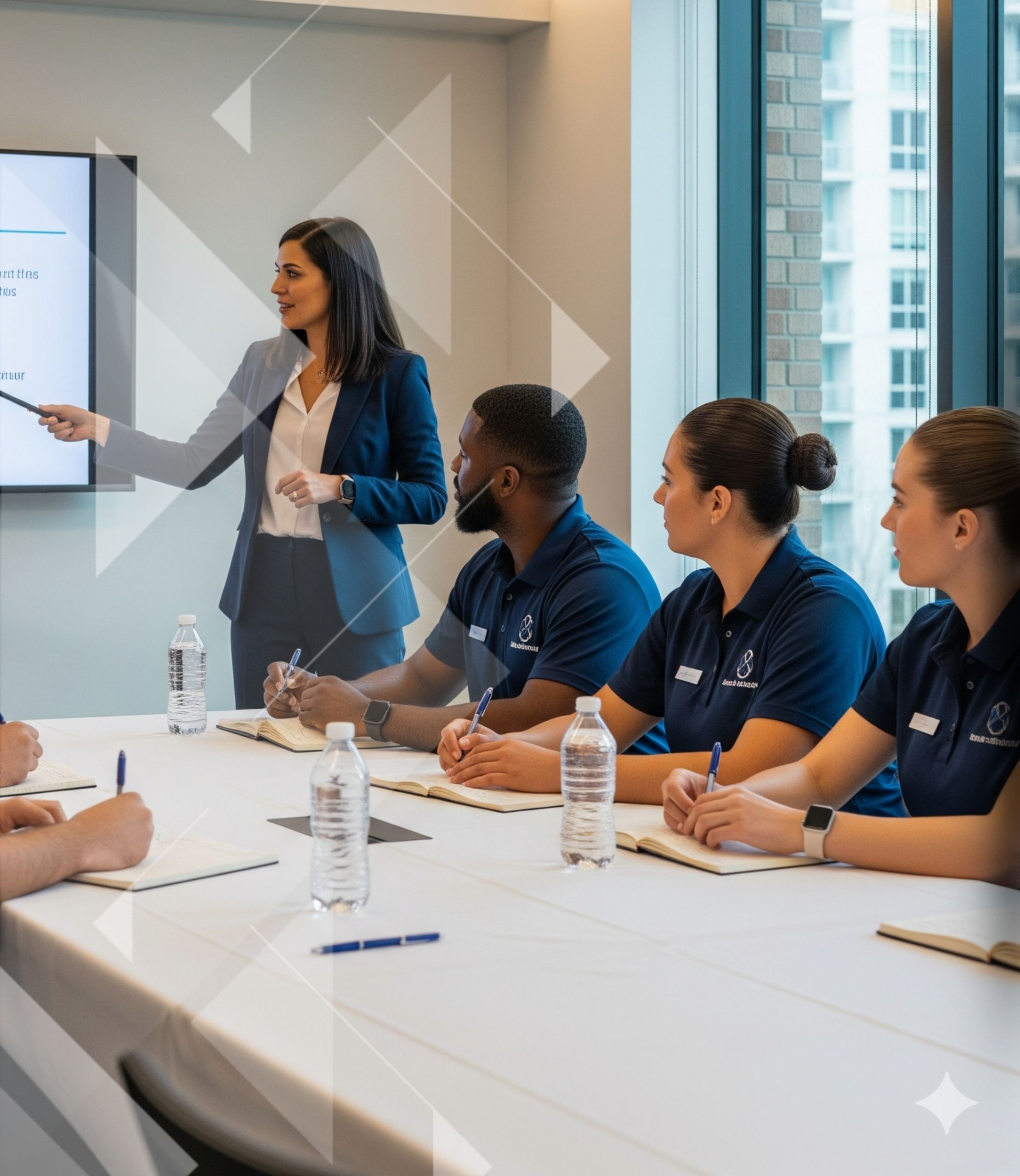 A supervisor leads a safety protocol training session for a diverse group of four attentive, uniformed residential staff members in a bright conference room.