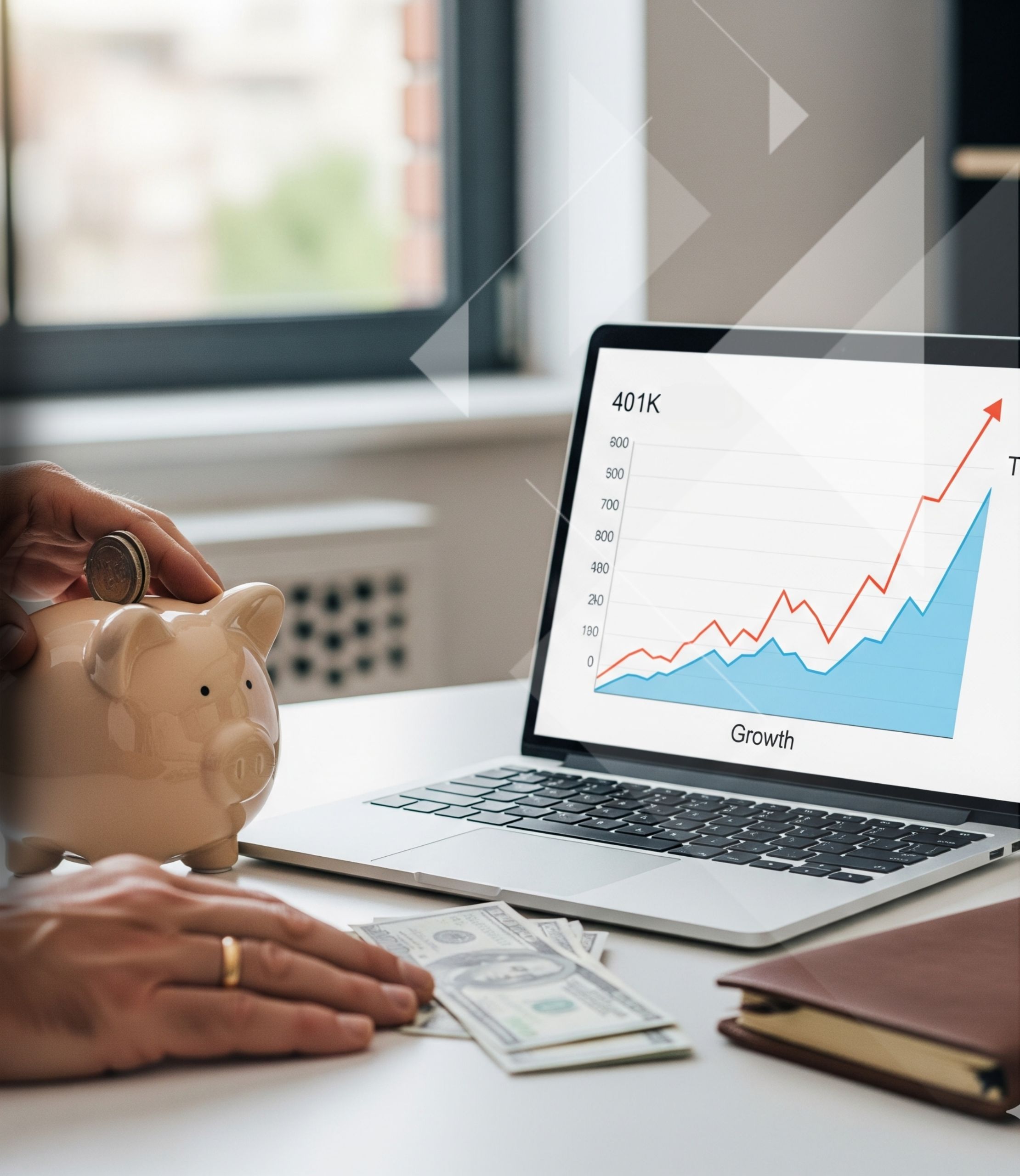 A man's hands place a piggy bank on a desk next to a laptop showing a 401K investment chart, symbolizing retirement planning and financial security.