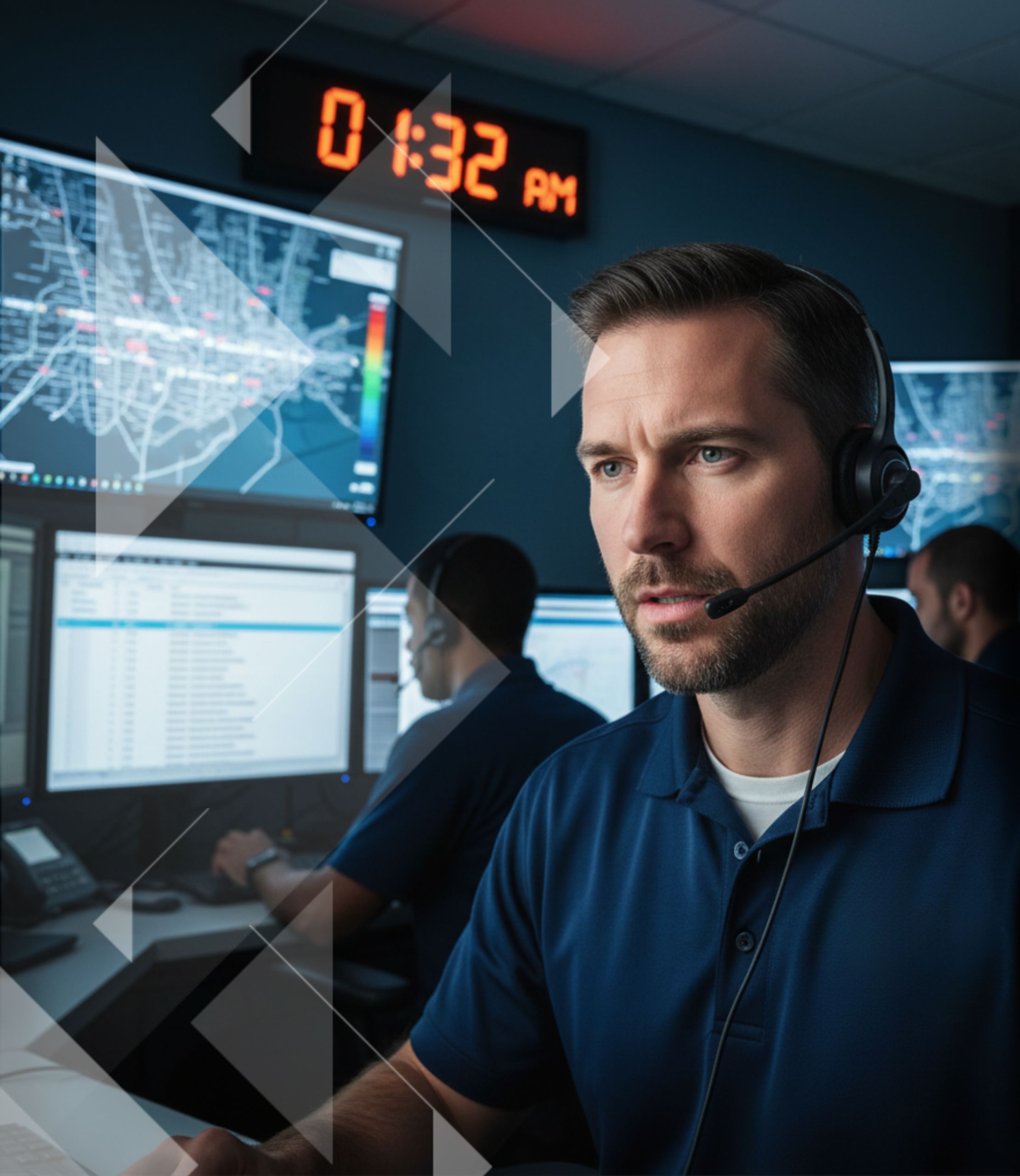 Male emergency dispatcher with a headset