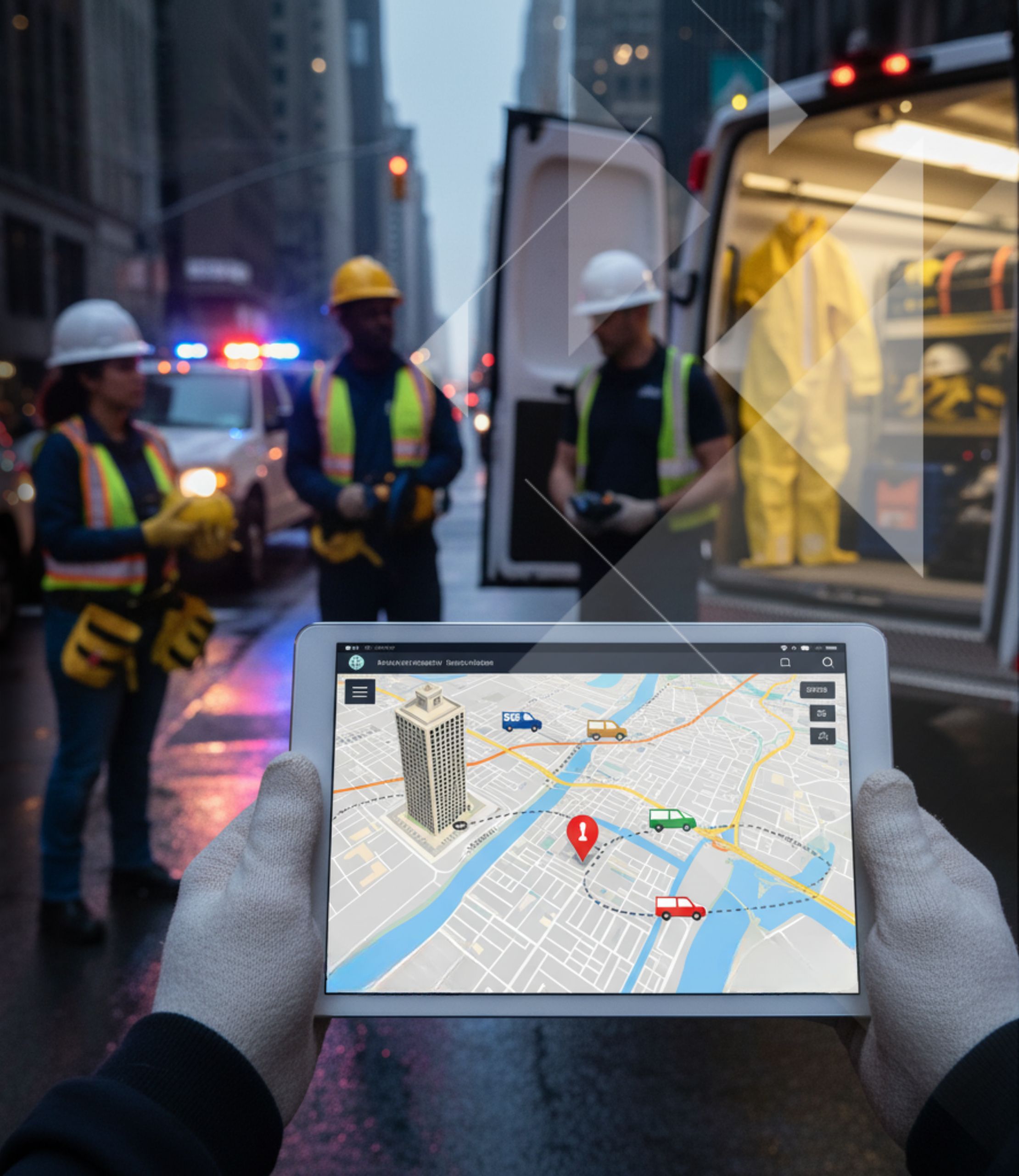 Hands wearing work gloves holding a tablet displaying a map with a building icon and multiple vehicle icons for vendor dispatch