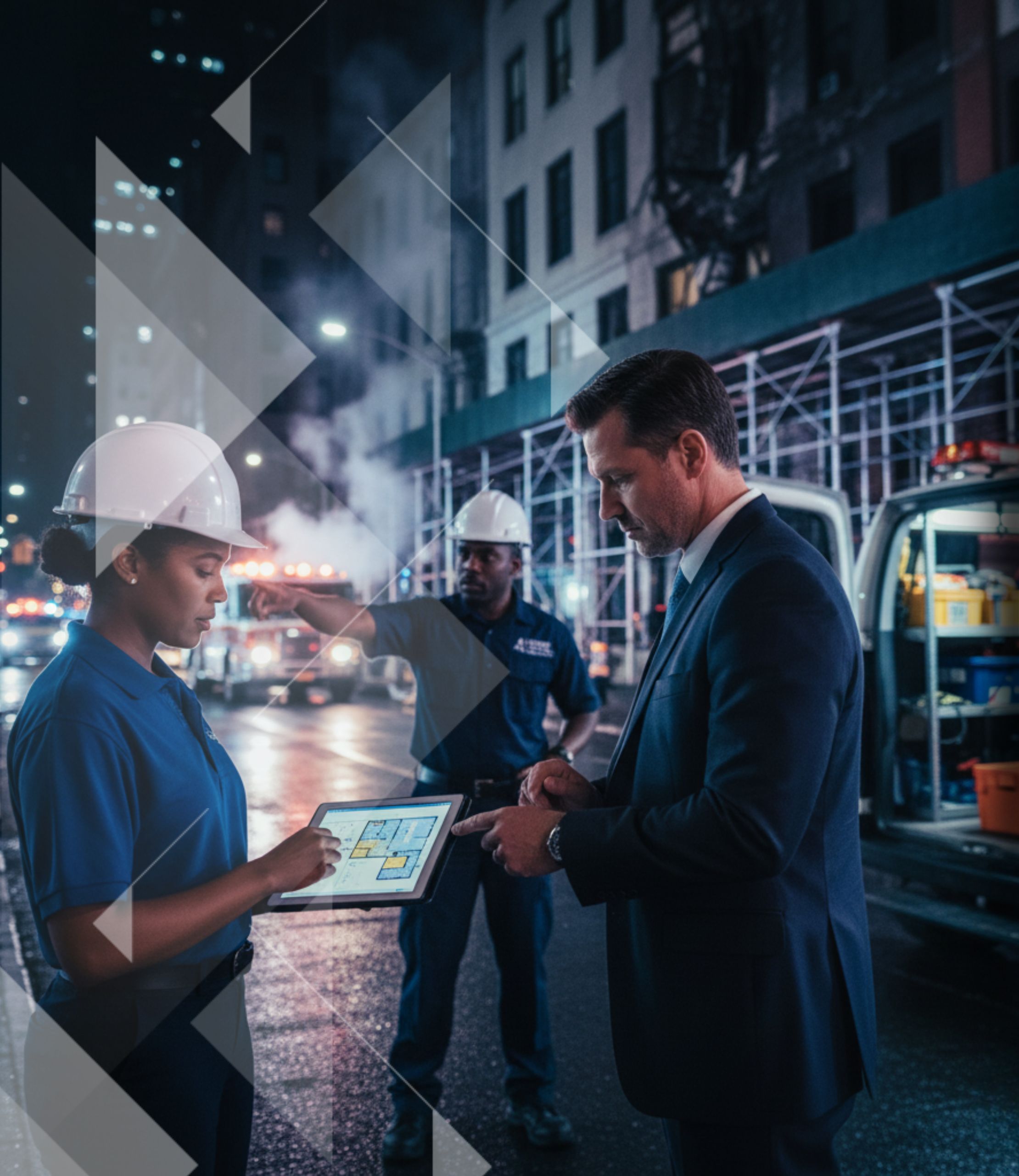 professional in a suit reviews a tablet with a female construction manager