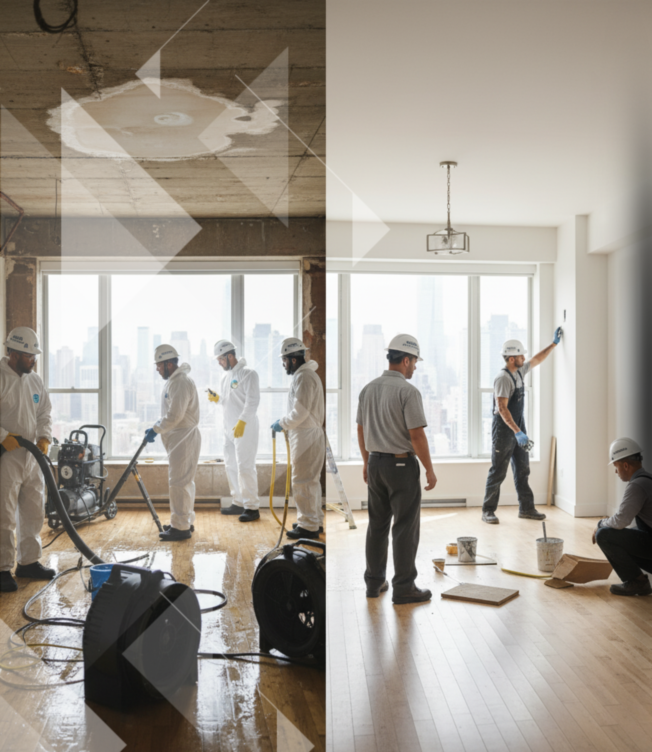 split image showing two phases of property restoration. On the left, workers in hazmat suits use industrial equipment for water mitigation in a damaged room. On the right, construction workers in hard hats are painting and renovating a bright, restored room.
