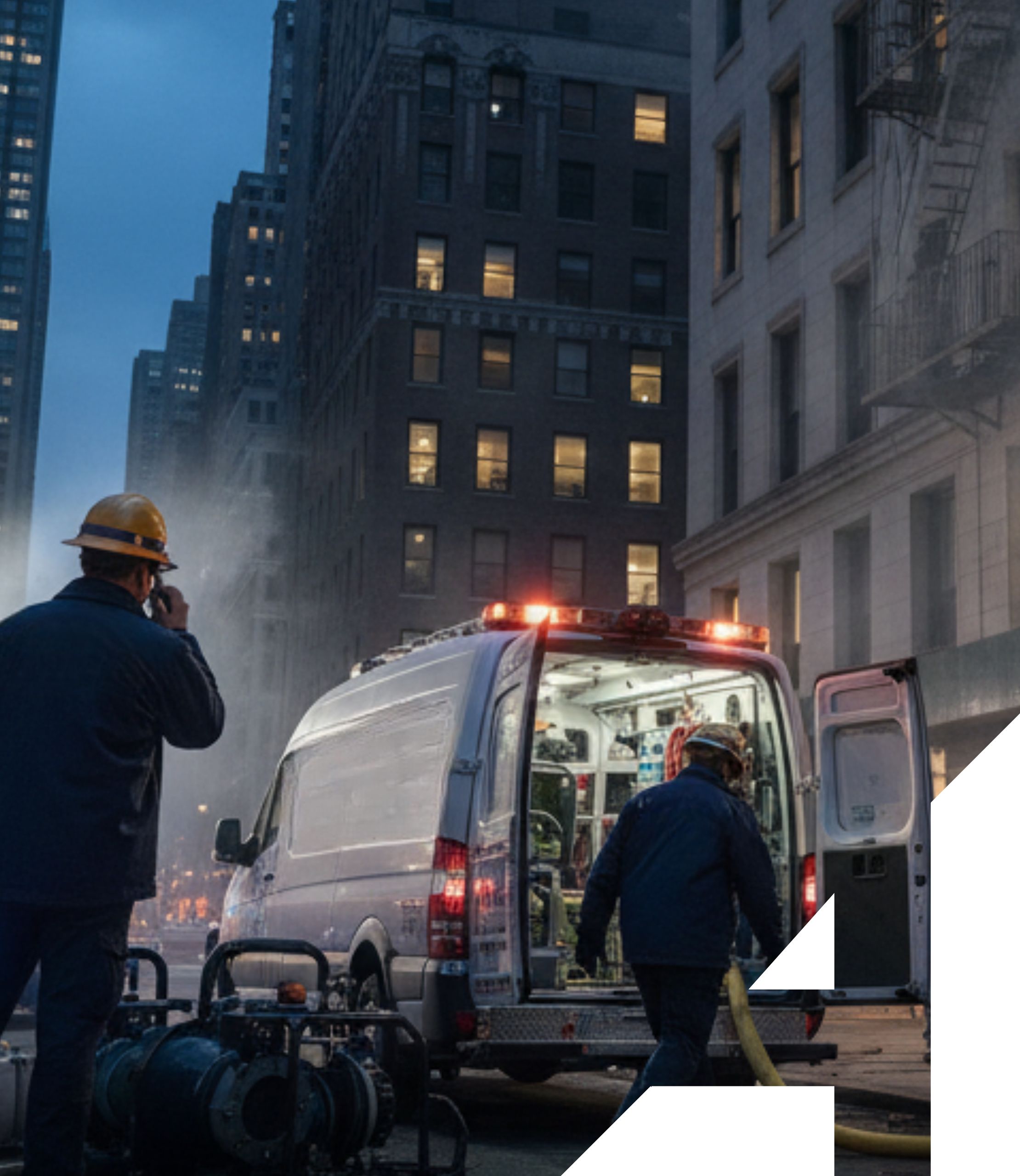 Emergency response team working at night in front of a damaged New York City building