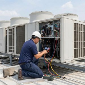 A technician services a complex HVAC system on a building's rooftop.