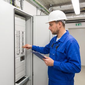 Maintenance worker inspecting electrical panel in building utility room.