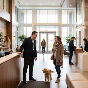 A lobby attendant in a dark uniform warmly greets a resident and her dog as they enter a brightly lit, busy building lobby.