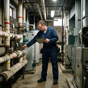 A technician in blue coveralls examines and adjusts pipes and machinery in a building's utility room while checking a tablet.