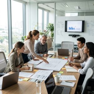 A group of colleagues collaborates around a conference table covered in documents, notebooks, and blueprints in a brightly lit meeting room.