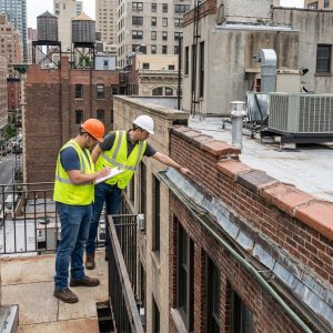 Two building inspectors in high-visibility vests and helmets inspect the brick exterior and roof gutters from an upper-level terrace.